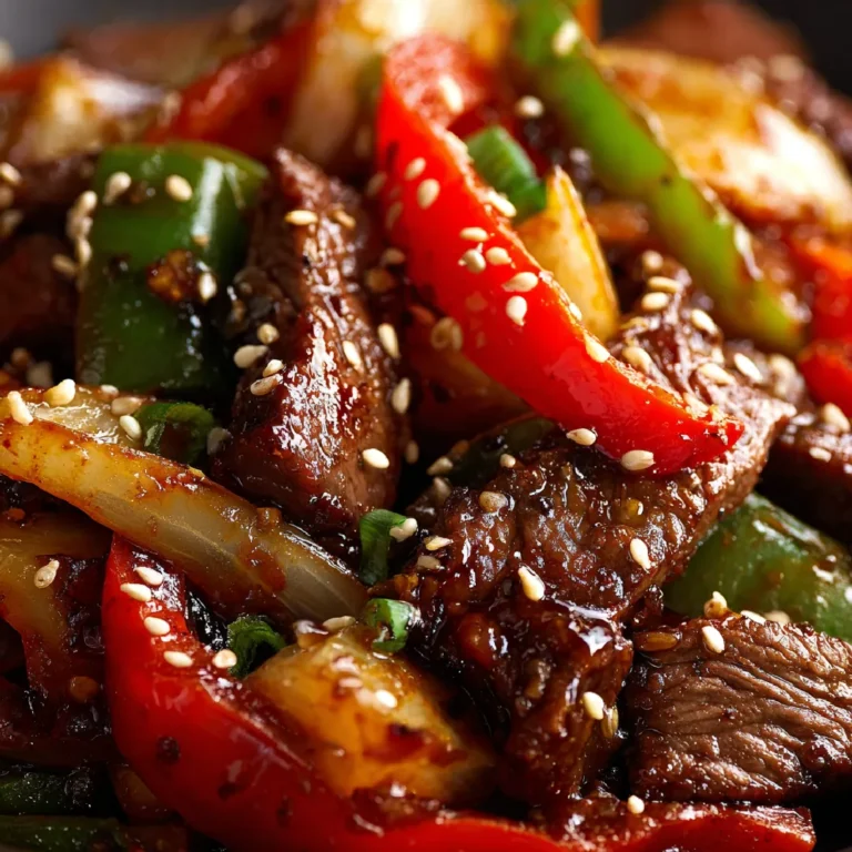 Chinese Pepper Steak with Onions 3 Close-up of juicy pepper steak with glossy onions and peppers