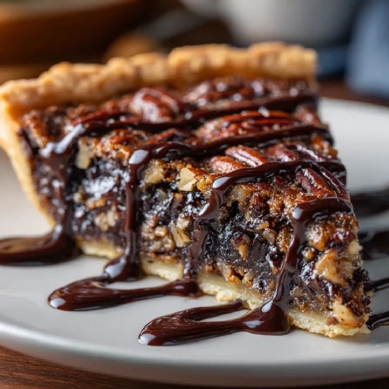 Texas Chocolate Pecan Pie Recipe 3 Slice of gooey chocolate pecan pie on plate