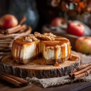 Salted Caramel Apple Pie Cheesecake on wooden table
