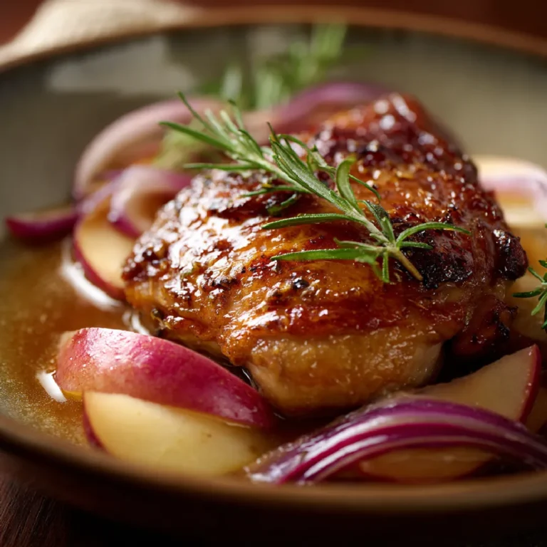 Rosemary Apple Cider Chicken 3 Close-up of glazed apple cider chicken thigh with rosemary
