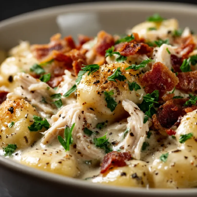 Creamy Crack Chicken Gnocchi 3 Close-up of creamy gnocchi with shredded chicken and bacon