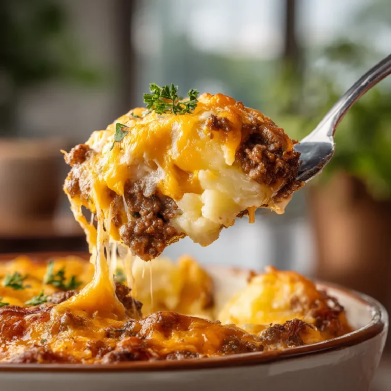 Crockpot Hamburger Potato Casserole 3 Close-up of cheesy hamburger potato casserole with melted cheese and beef