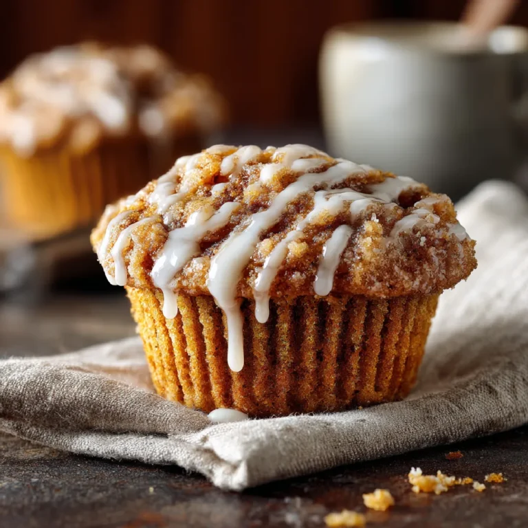 Pumpkin Cinnamon Roll Muffins 3 Close-up of a pumpkin cinnamon roll muffin with vanilla glaze