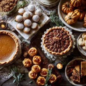 Irresistible Thanksgiving Desserts to Sweeten Your Holiday Table 1 Overhead view of assorted Thanksgiving desserts on a rustic table