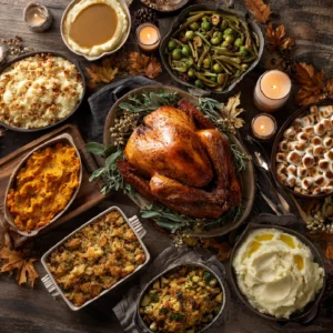 Thanksgiving dishes on a festive autumn dinner table