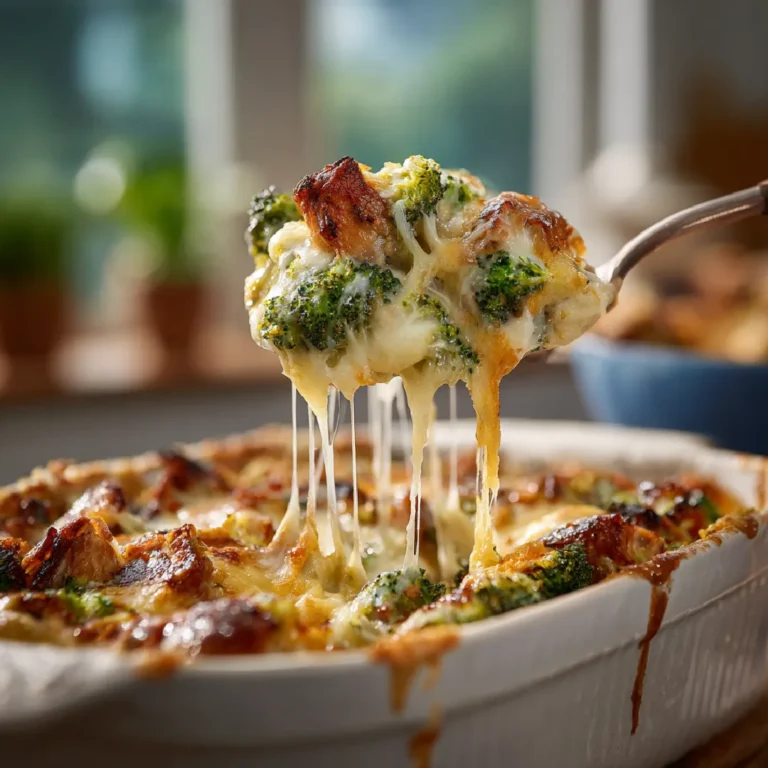Turkey Broccoli Casserole 3 Close-up of cheesy turkey casserole on a fork