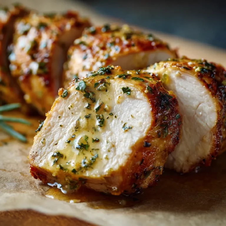 Garlic Butter Turkey Tenderloin 3 Close-up of juicy garlic butter turkey tenderloin with herbs and golden crust