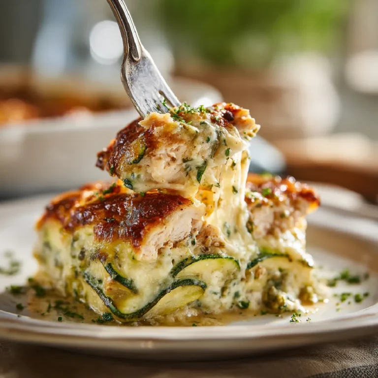 Ground Turkey Zucchini Casserole 3 Fork cutting into a layered turkey zucchini casserole with melted cheese