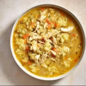 30-Minute Anti-Inflammatory Cauliflower Chicken Soup Recipe 2 A bowl of anti-inflammatory cauliflower chicken soup garnished with herbs.