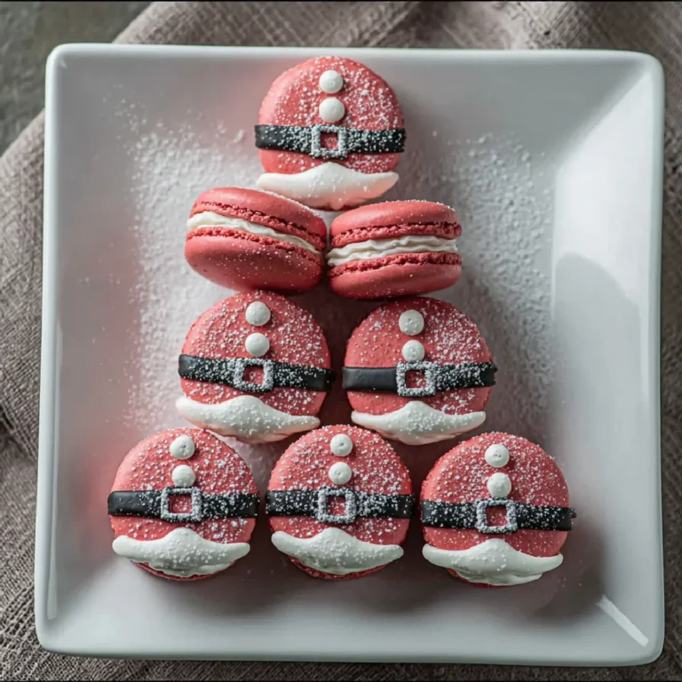 Flat-lay of Santa macarons styled like Disney holiday treats on marble background