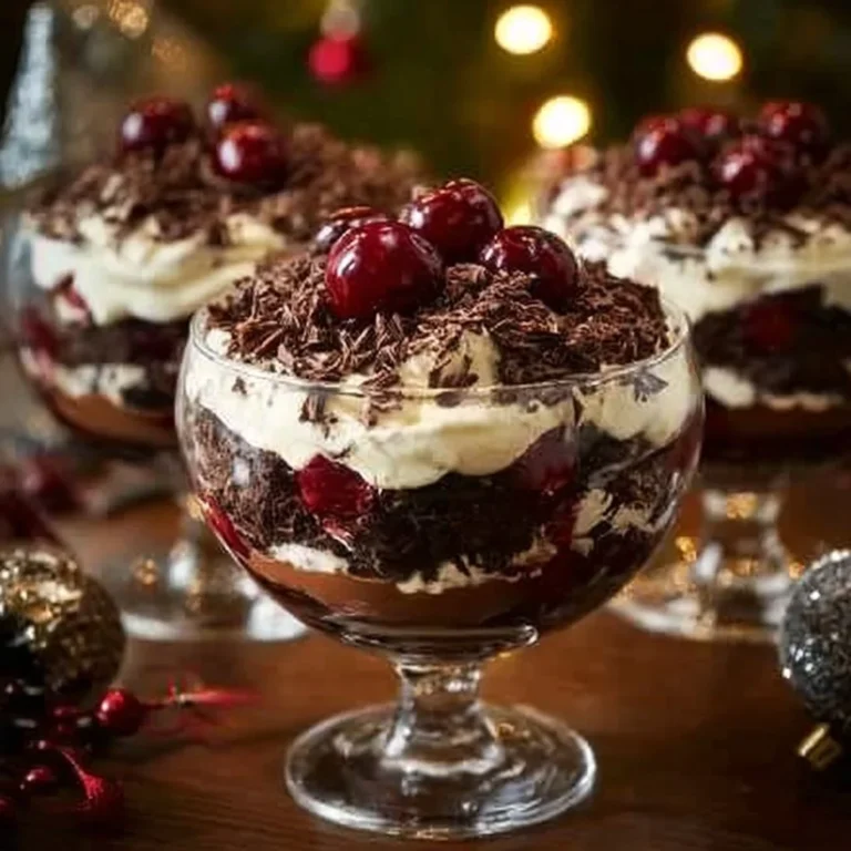 Delicious Black Forest Trifle with chocolate layers and cherries for Christmas dessert