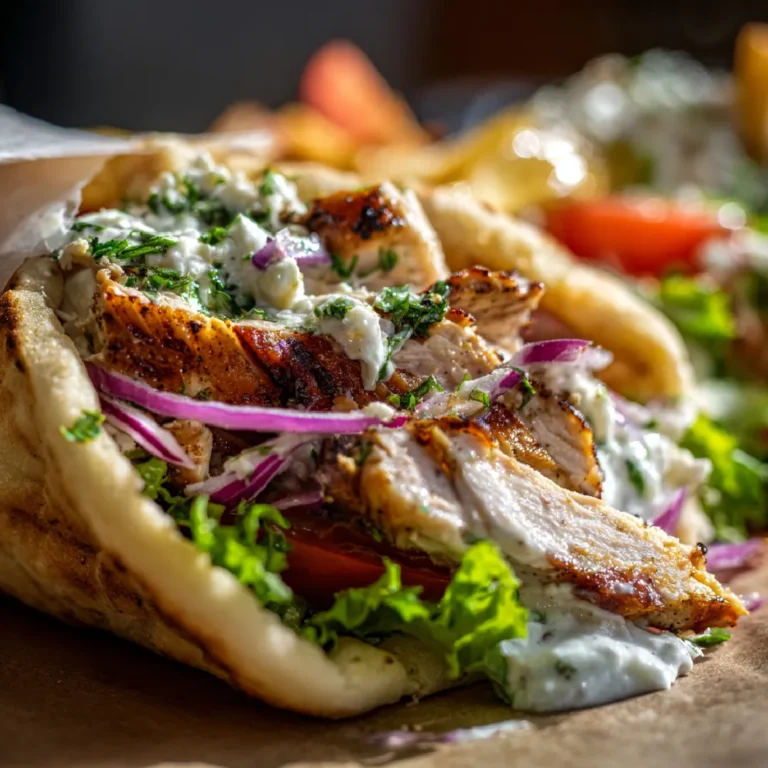 Close-up of juicy chicken gyro with feta tzatziki sauce