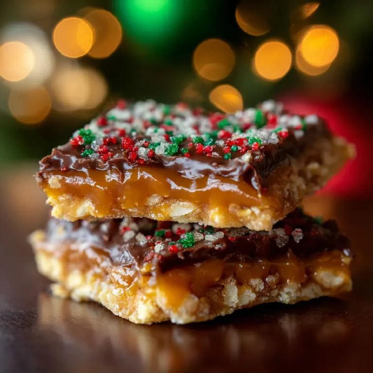 Close-up of Christmas Crack showing toffee, chocolate, and cracker layers