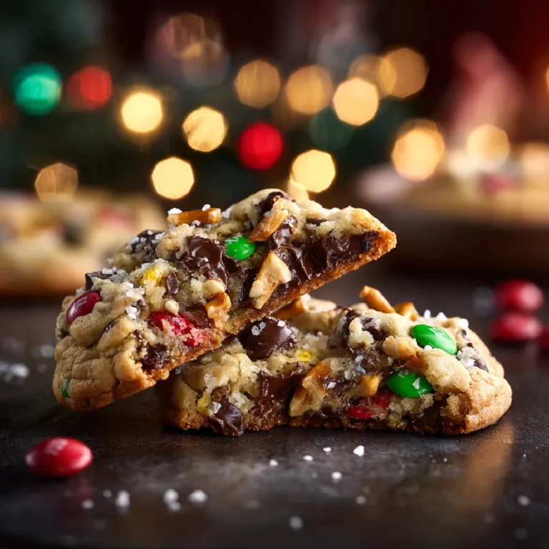 Close-up of gooey Christmas Kitchen Sink Cookie with melty chocolate and candy