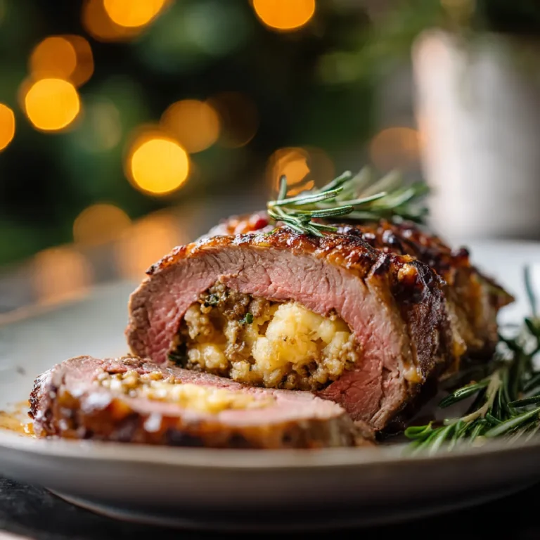 Christmas Stuffed Beef Tenderloin sliced and served