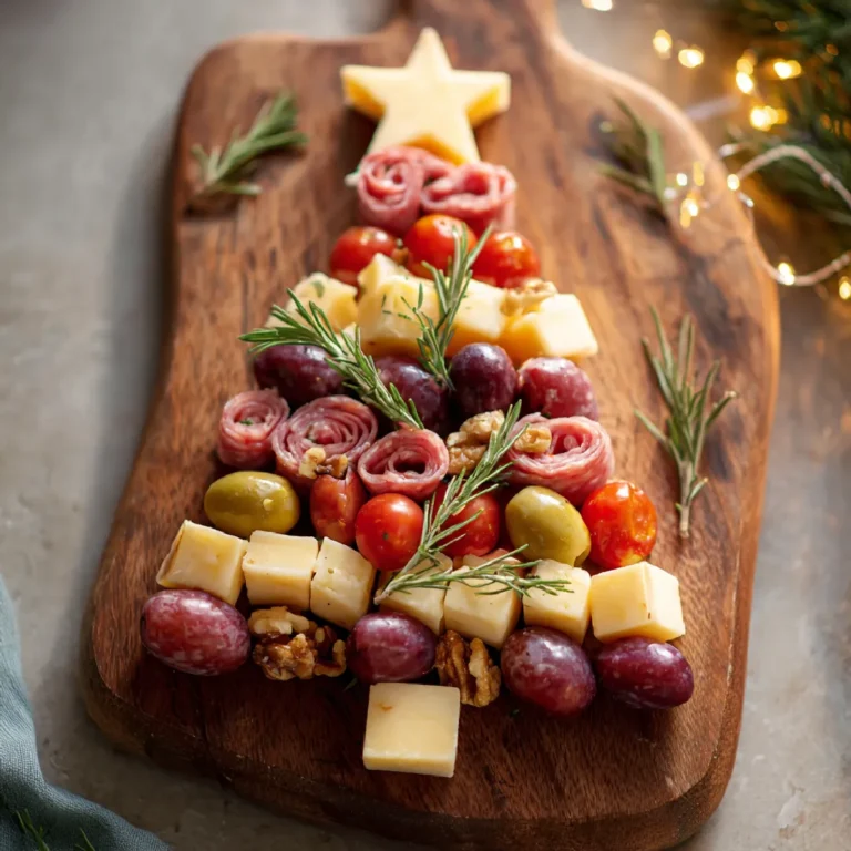 Christmas Tree Charcuterie Board with festive layers of cheese, meats, and fruits