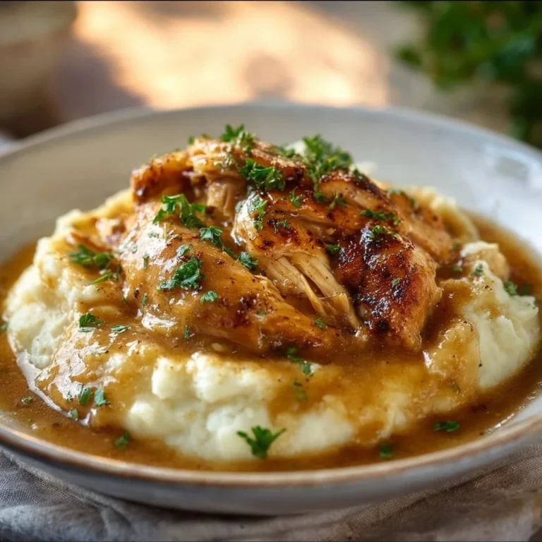 Crockpot Chicken and Gravy served on a plate with mashed potatoes