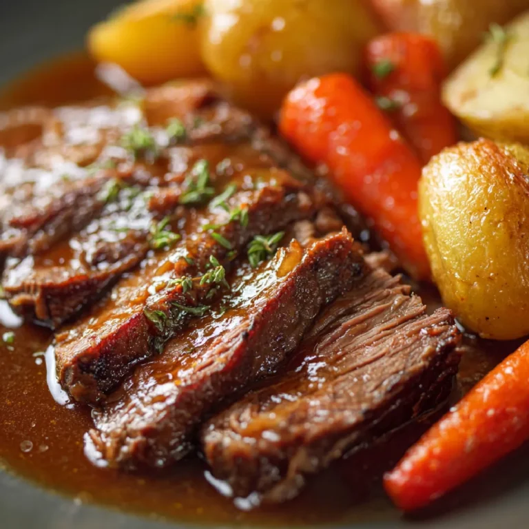 Crockpot Pot Roast with Potatoes and Carrots 3 Close-up of juicy beef roast with tender carrots and potatoes