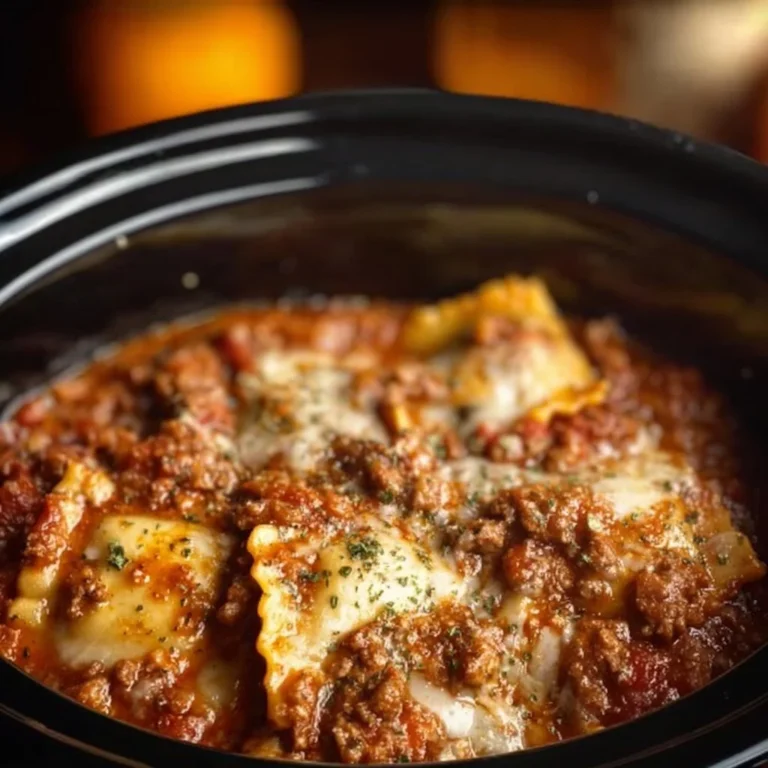 Crockpot Ravioli Lasagna served in a bowl with melted cheese and herbs