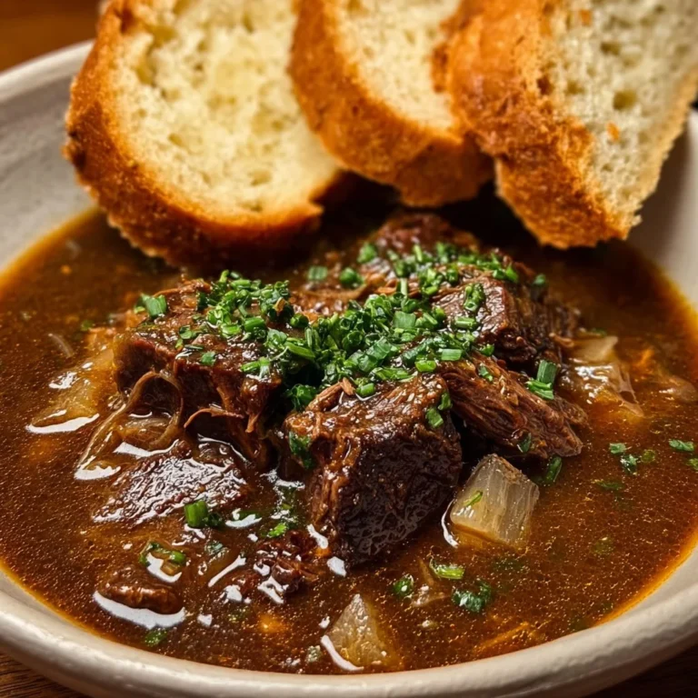 Delicious bowl of French Onion Beef Short Rib Soup with melted cheese