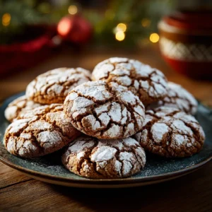 Gingerbread Crinkle Cookies 2 Gingerbread Crinkle Cookies on Rustic Holiday Table