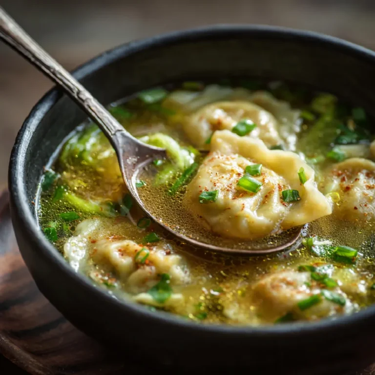 Close-up of steaming dumplings in potsticker soup with vegetables and broth