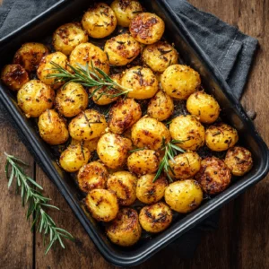 Rosemary Infused Roast Potatoes 2 Rosemary infused roast potatoes in baking tray