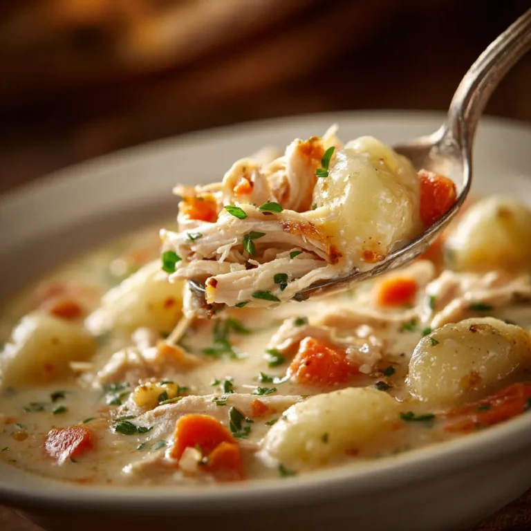Spoonful of creamy chicken gnocchi soup with visible gnocchi and chicken