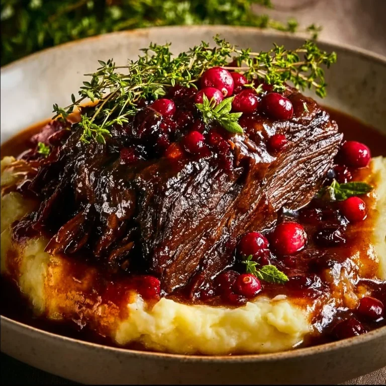 Slow-braised beef roast with cranberry balsamic glaze on a serving platter
