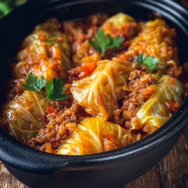 Bowl of slow cooker unstuffed cabbage rolls with fresh herbs on top