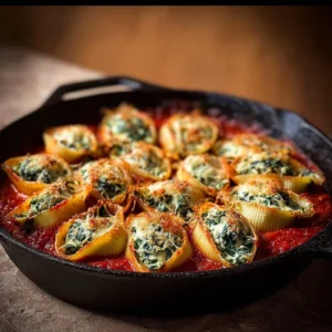 Spinach and Ricotta Stuffed Shells 2 Spinach and ricotta stuffed pasta shells dish garnished with herbs.