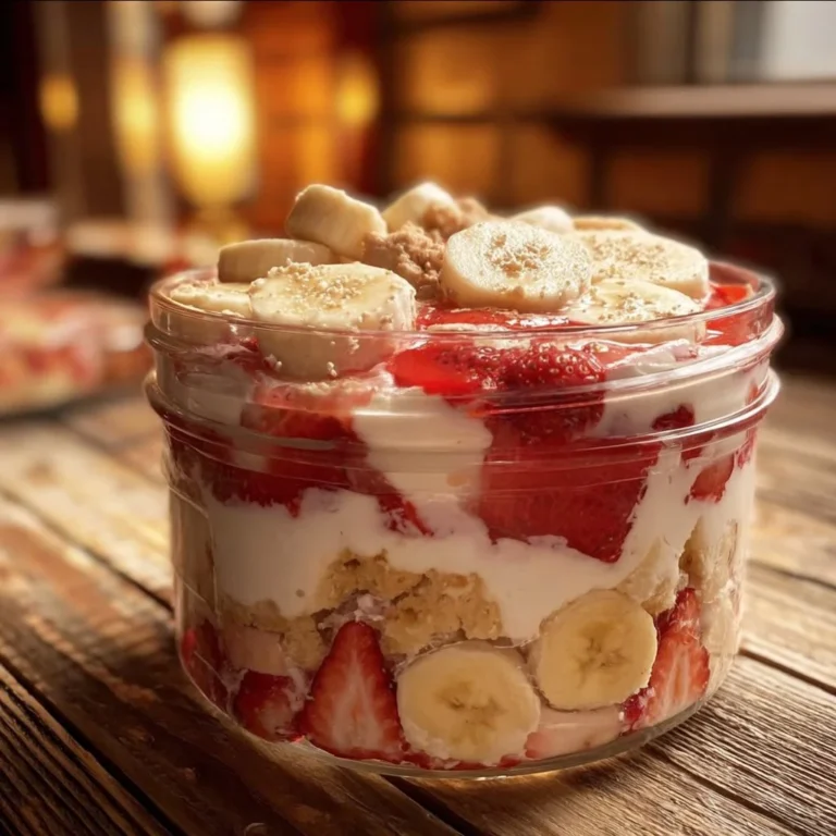 A bowl of strawberry banana pudding topped with fresh strawberries and bananas.