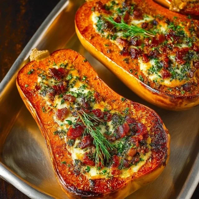 Stuffed Butternut Squash with Spinach, Bacon, and Cheese