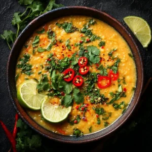 Thai Coconut Red Lentil Soup 2 Bowl of Thai coconut red lentil soup garnished with herbs and spices