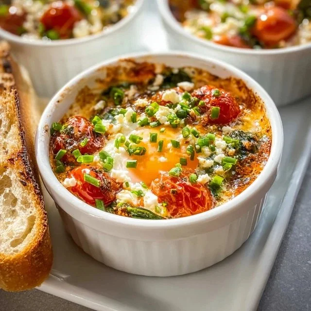 Baked Feta Eggs with Tomatoes and Spinach