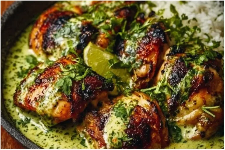 Delicious Peruvian chicken served with creamy green sauce on a plate.