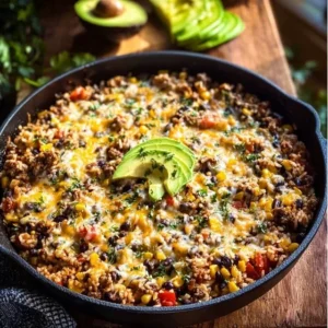 Cheesy Taco Rice Skillet 2 Cheesy Taco Rice Skillet topped with cheese and taco seasonings in a skillet.