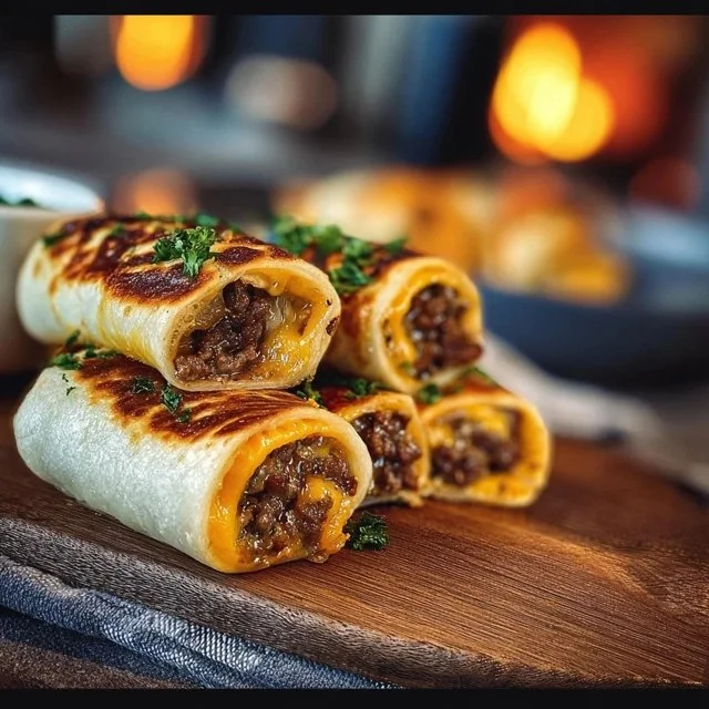 Garlic Butter Beef Cheeseburger Rollups served on a plate