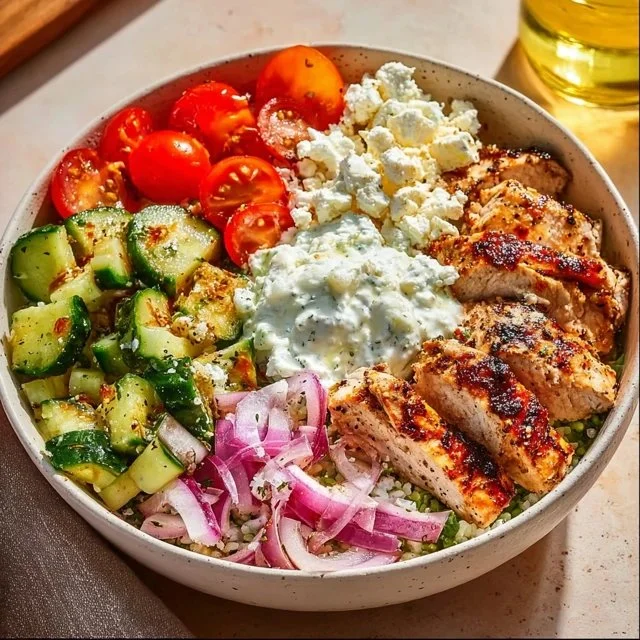 Delicious Greek Chicken Bowls with vegetables and herbs