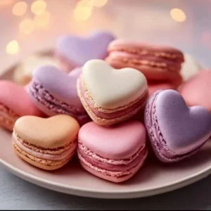 Heart-Shaped Macarons 2 Heart-shaped macarons in various pastel colors arranged on a plate
