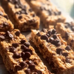 Homemade Peanut Butter Granola Bars 2 Homemade peanut butter granola bars stacked on a wooden background