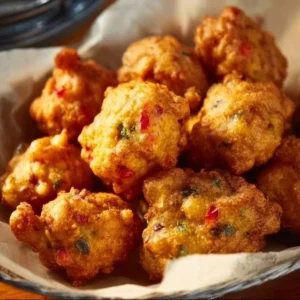 Mardi Gras Cornbread Fritters 2 Mardi Gras Cornbread Fritters served on a festive plate with dipping sauce.