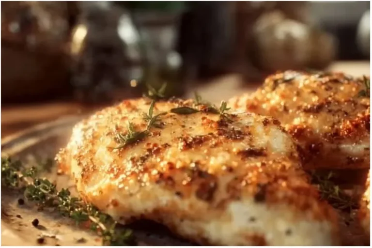 Juicy melt-in-your-mouth chicken breast served on a plate with herbs.