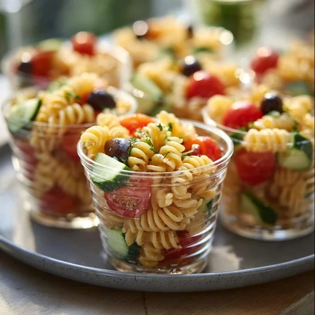 Delicious pasta salad cups filled with fresh ingredients and colorful vegetables