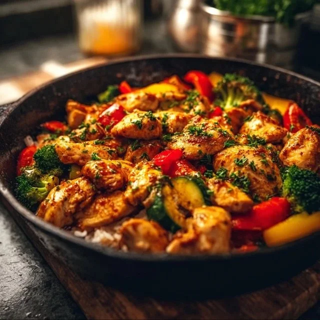 A delicious quick and healthy chicken skillet meal served in a frying pan