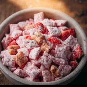 Quick Strawberry Shortcake Puppy Chow 2 Homemade quick strawberry shortcake puppy chow snack mix in a bowl