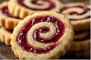 Raspberry Swirl Shortbread Cookies 2 Raspberry swirl shortbread cookies on a plate with fresh raspberries