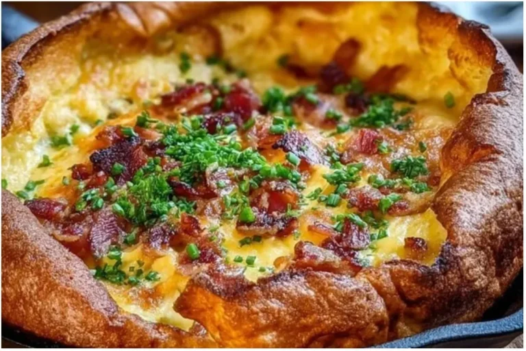 Savory cheddar bacon dutch baby fresh out of the oven, topped with herbs.