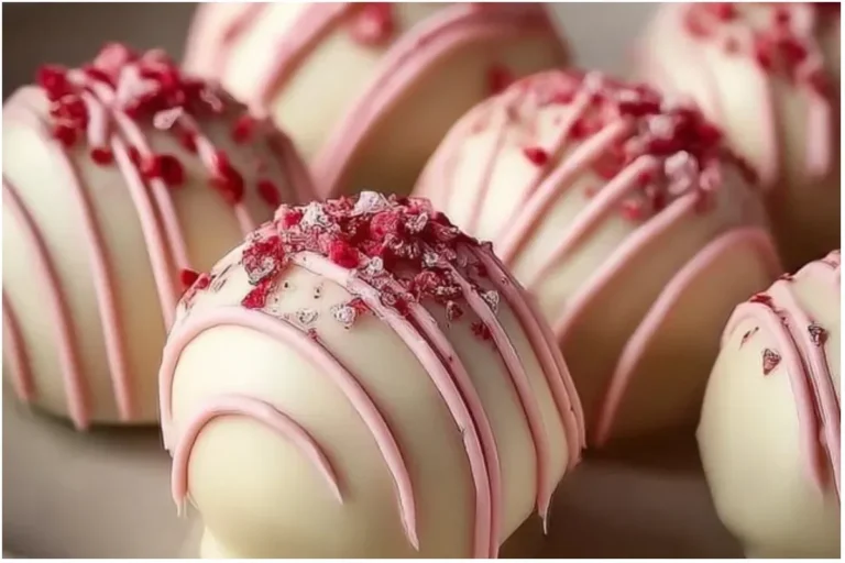 Strawberry cheesecake truffle balls on a plate, delicious dessert treat.