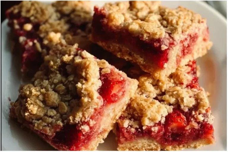 Strawberry oatmeal bars freshly baked, topped with strawberries and oats